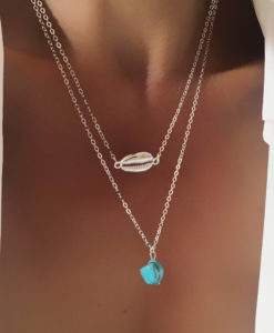 Collier multirangs coquillage argent pierre turquoise