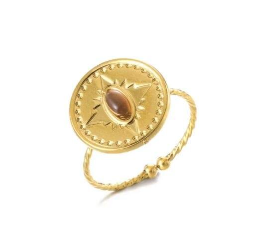 Bague ronde dore pierre marron