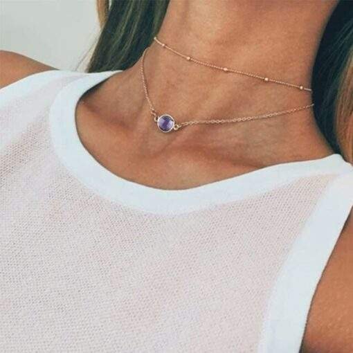 Collier Ras de Cou Double Rang avec Pierre Naturelle violette